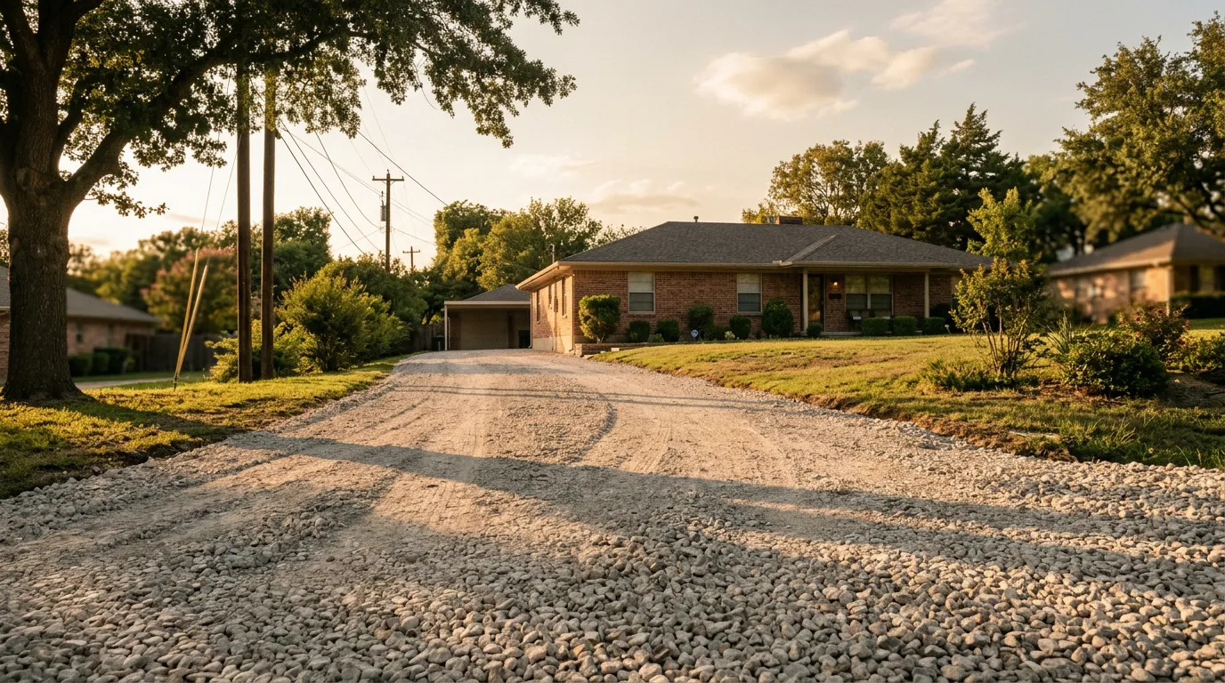 A freshly graded crushed limestone gravel driveway leading up to a brick ranch house at golden hour.