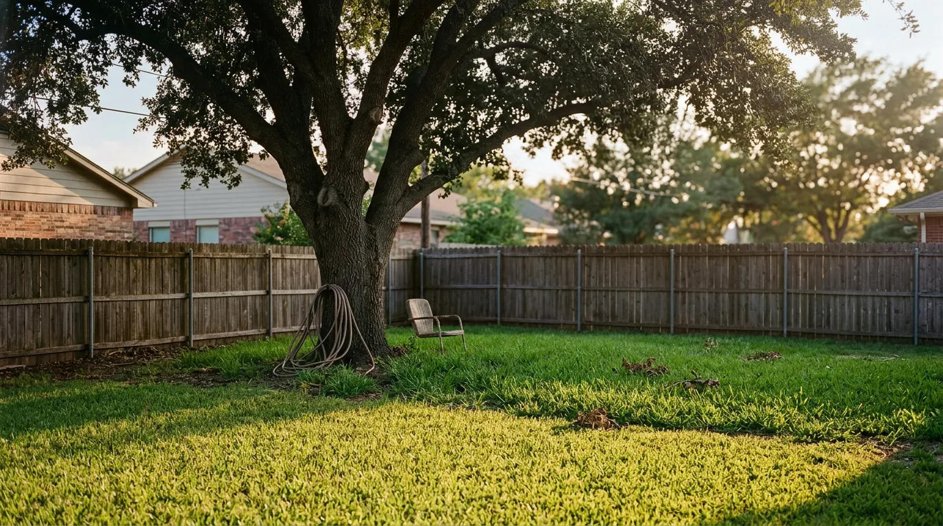 A sunny Bermuda lawn running into the shade of a large live oak in a fenced North Texas backyard.