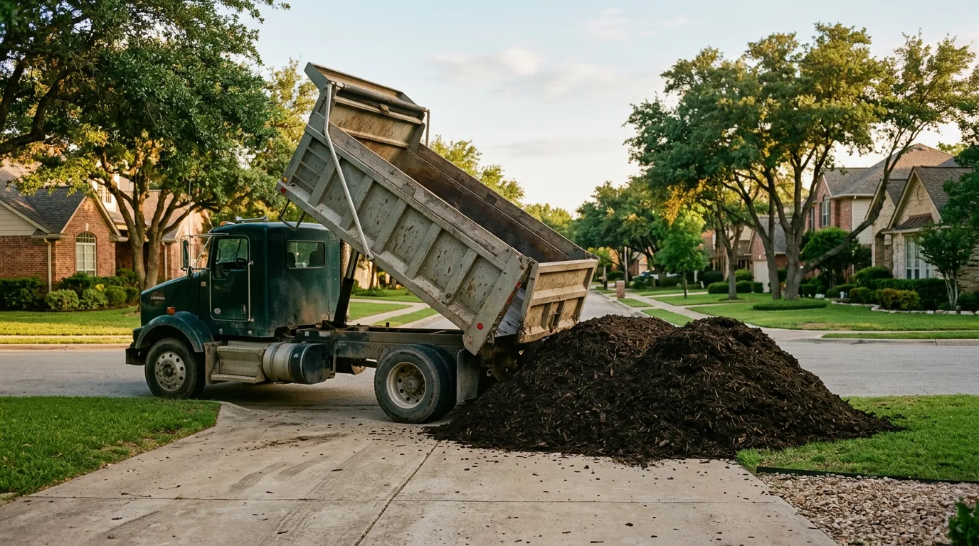 A dump truck tipping a load of dark mulch at the end of a driveway on a south DFW residential street.