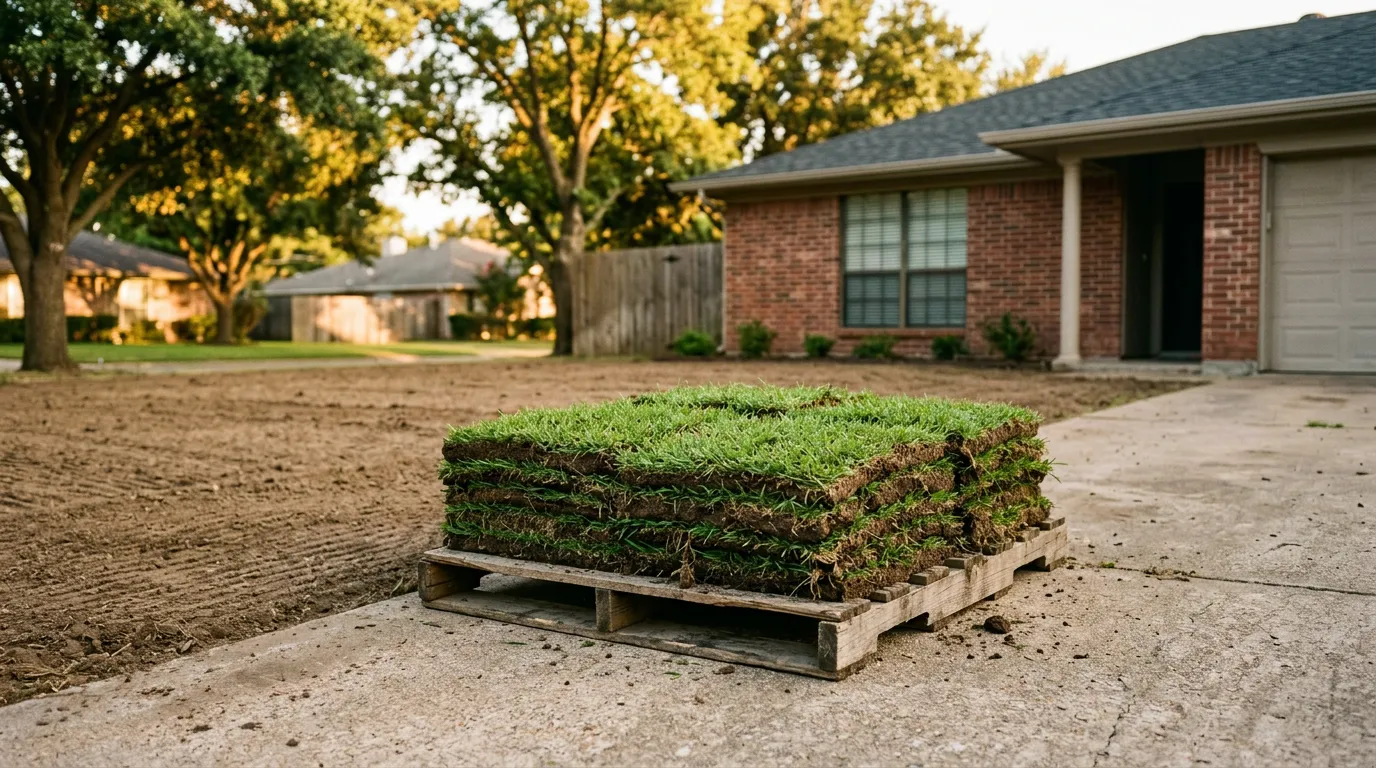 A pallet of fresh sod on a driveway next to a bare, raked yard in front of a brick house.