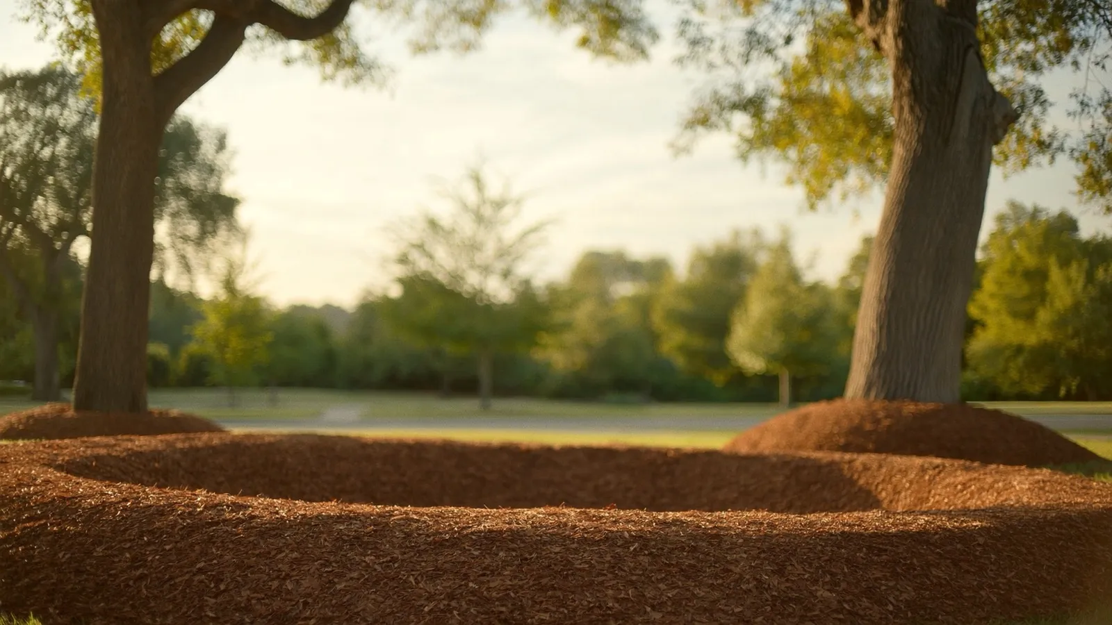 Fresh hardwood mulch laid around an oak tree at golden hour.