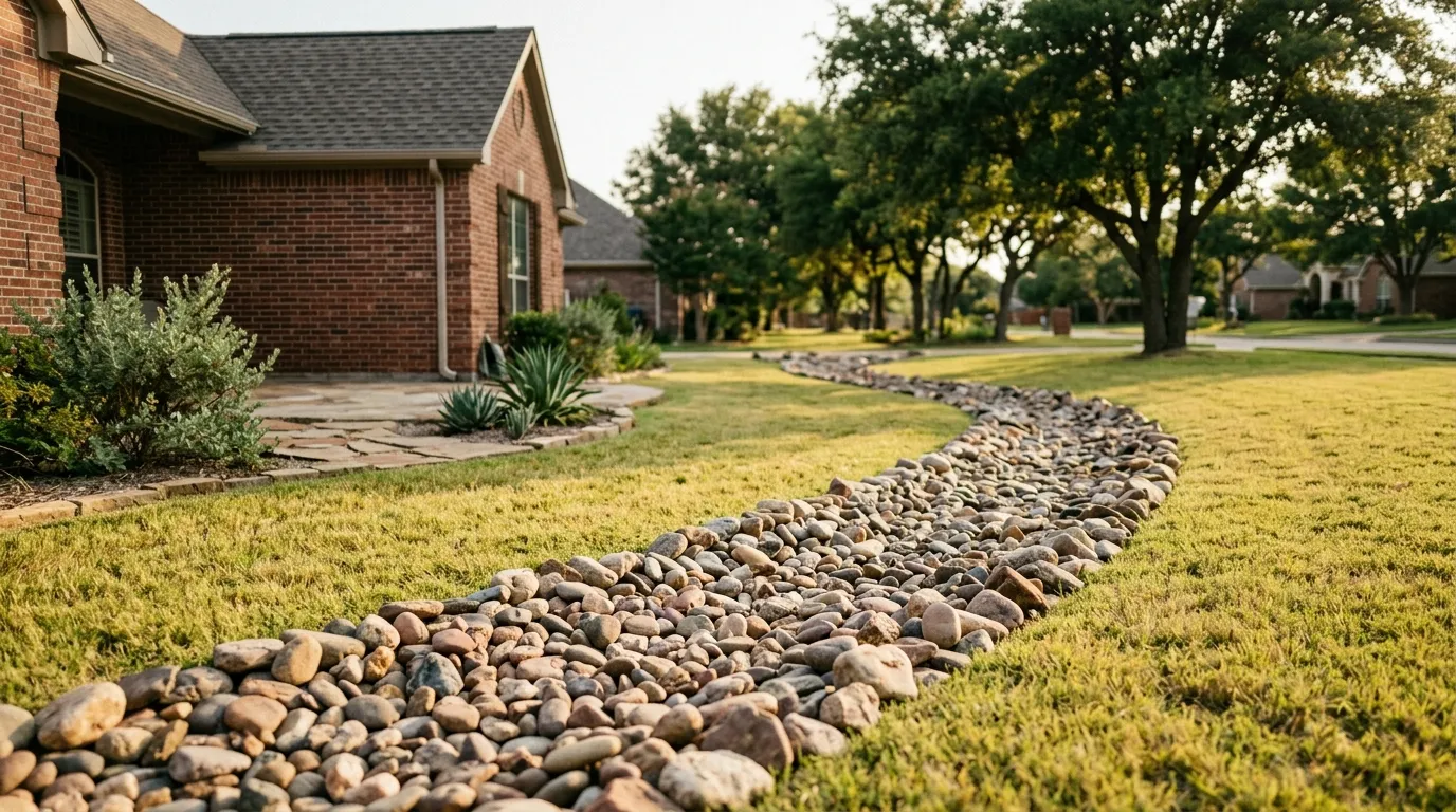 A dry creek bed of rounded river rock winding through a lawn beside a brick house.