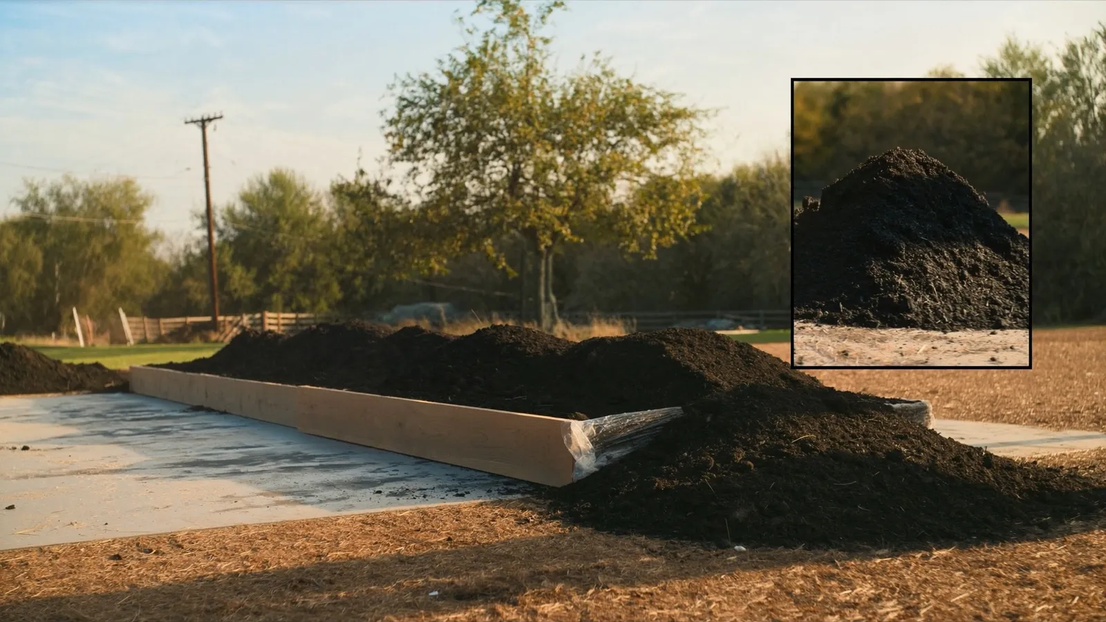 Cedar raised garden bed being filled with screened topsoil on a spring morning.