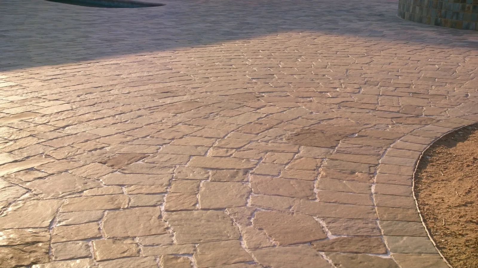 Finished Oklahoma flagstone patio at low evening sun.