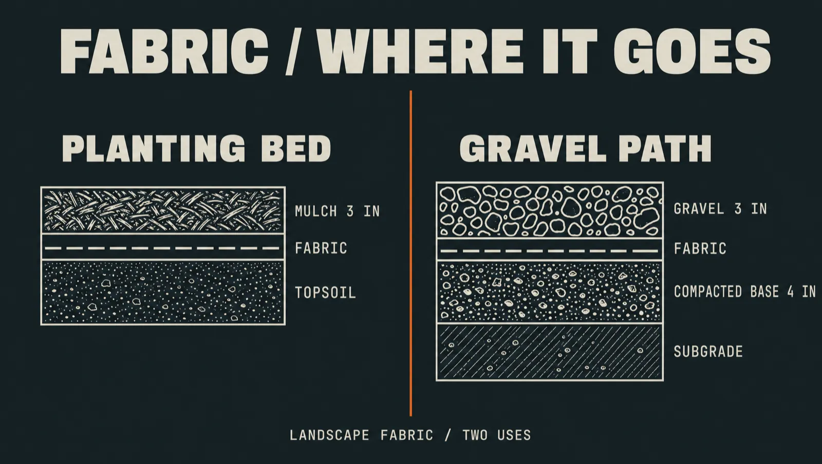 Side-by-side cross-section diagrams showing where landscape fabric belongs in a planting bed versus in a gravel path buildup.