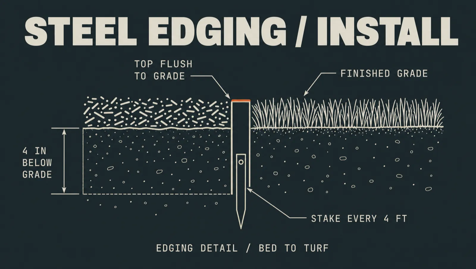 Labeled cross-section of installed steel landscape edging at a bed-to-turf boundary, set 4 inches below grade with top flush, staked every 4 feet.
