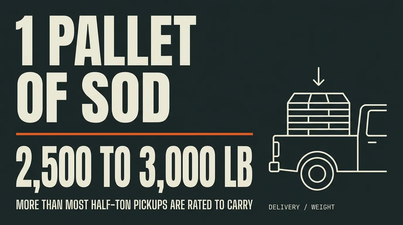 1 pallet of sod weighs 2,500 to 3,000 pounds, more than most half-ton pickups are rated to carry, shown with a sod pallet in a pickup bed.