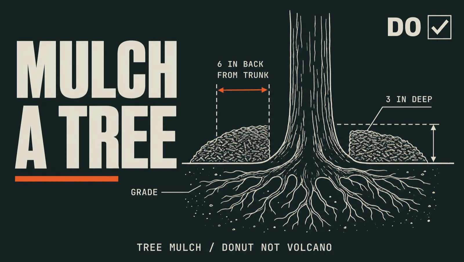 Side-view diagram showing the correct way to mulch around a tree: a 3-inch donut held 6 inches back from the trunk, not a volcano.
