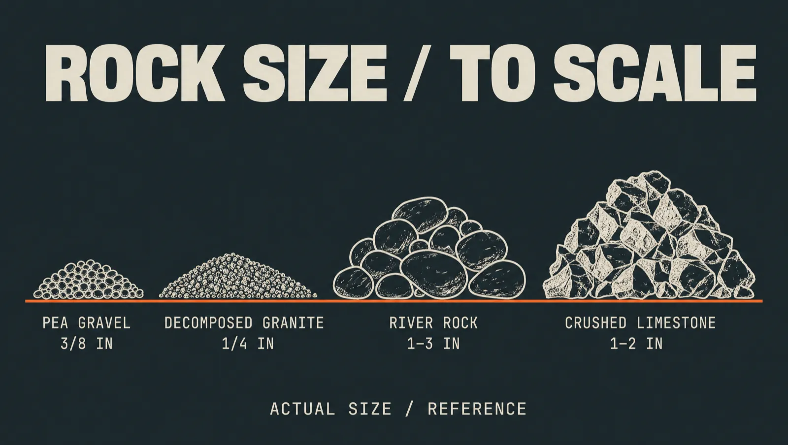Size-comparison chart of four landscape rock products drawn to relative scale: pea gravel, decomposed granite, river rock, and crushed limestone.